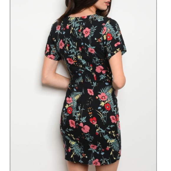 Black floral & fern mini wrap-style dress, New! - Picture 2 of 5